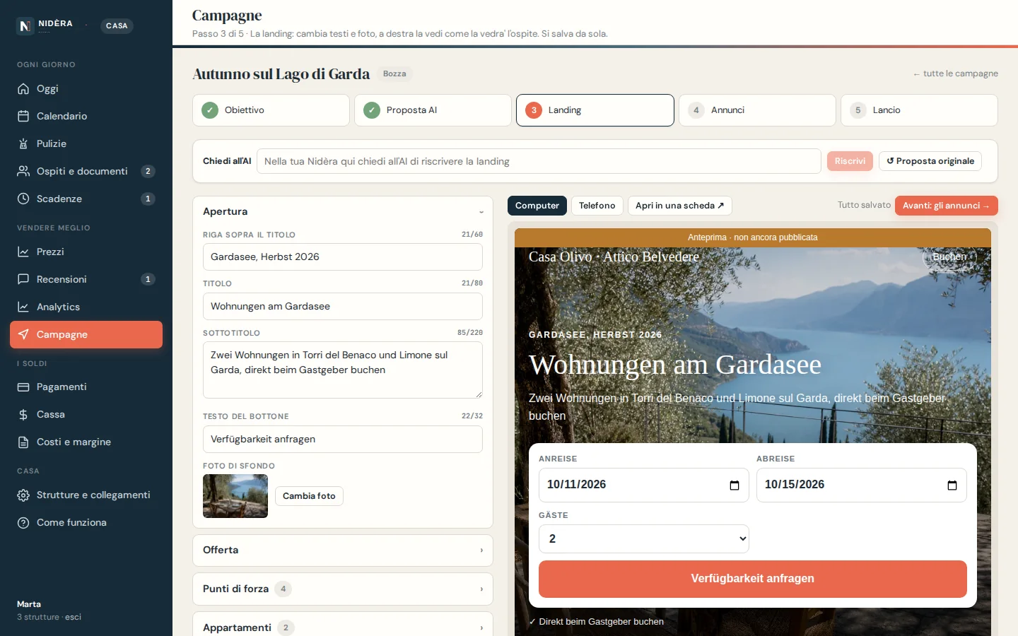 Editor Nidèra per generare una campagna Google con la relativa landing page